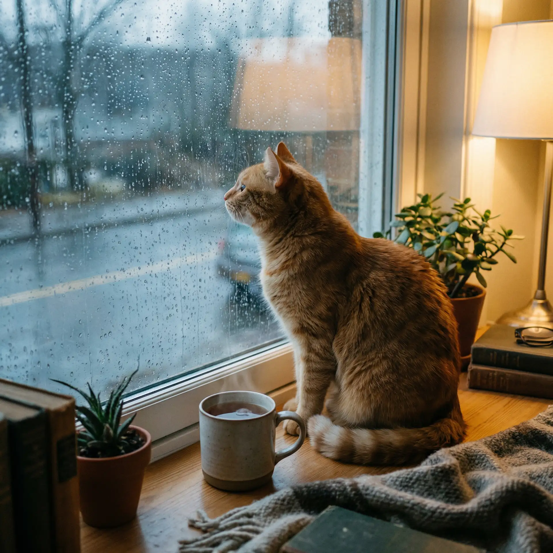 猫咪望着窗外的雨 - 接待20厘米长的客人